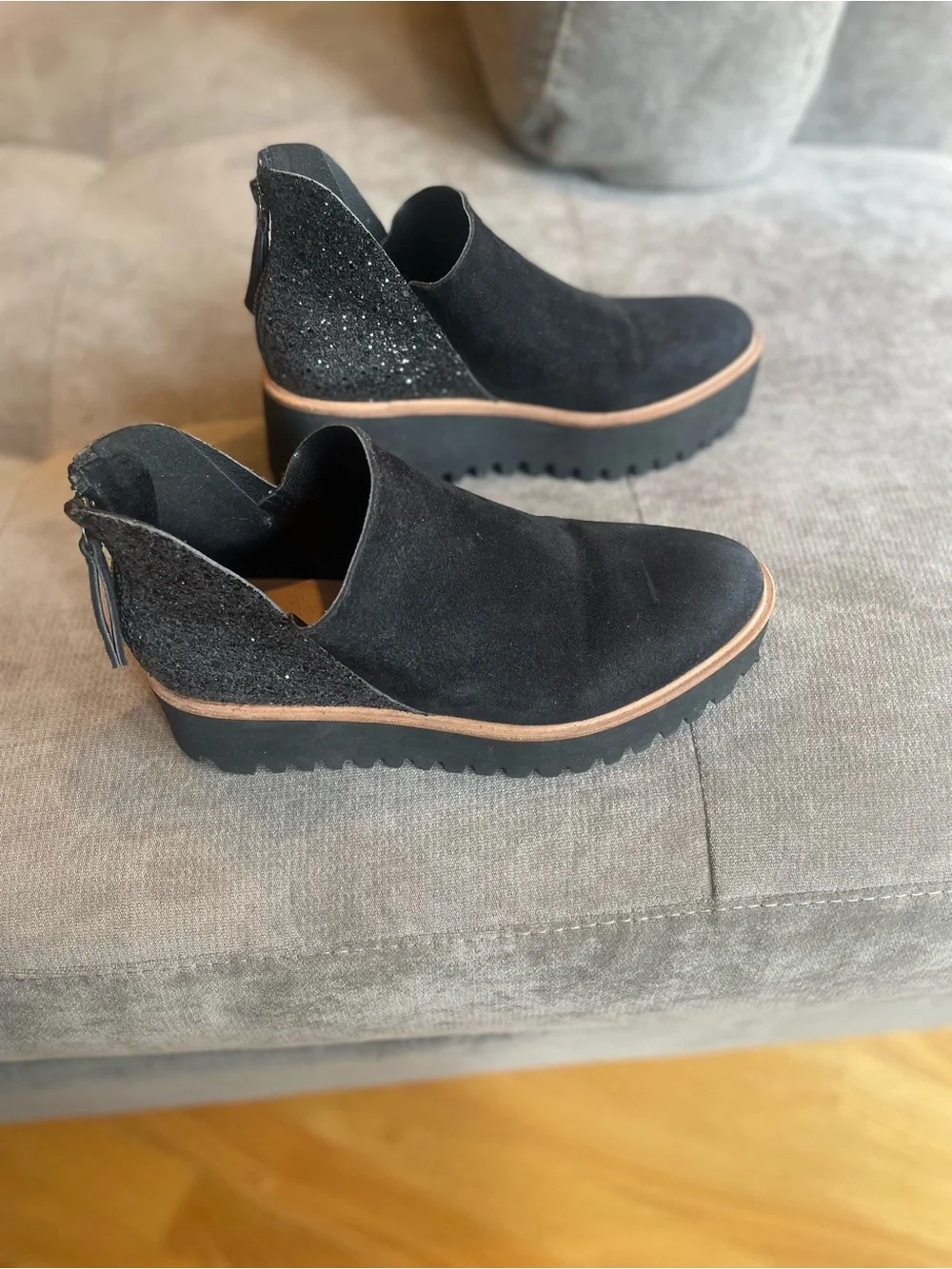 Women’s All Black Suede Platform Ankle Bootie with Sparkle Back.